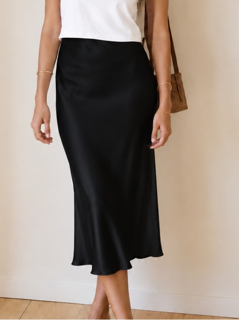 Merritt Charles NWT 100% Silk Bias Cut Midi Skirt Black
